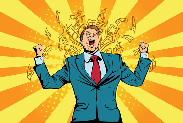 Porträt eines glücklichen Geschäftsmannes, der in der Nähe einer Mauer steht und Dollarscheine um sich fallen lässt. finanzieller Erfolg mit Geld, Pop-Art-Retro-Comic-Vektor-Illustration Lotterie und Geldpreis gefeiert - Vektor, Bild