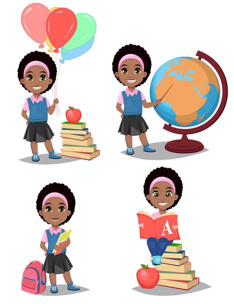Back to school. Cute Afro-American girl is ready for studying. P - Vector, Image