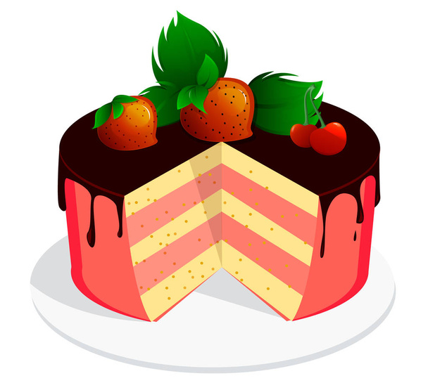 Kuchen mit Schokolade, Kirsche und Erdbeeren. leckeres süßes Dessert - Vektor, Bild