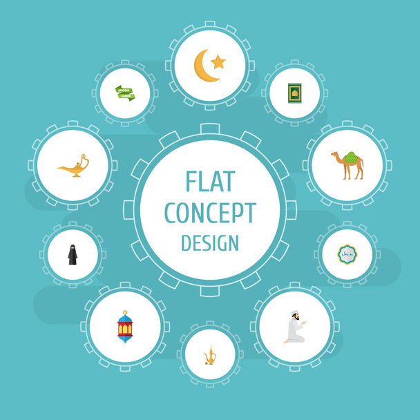 Flat Icons Praying Man, New Lunar, Genie And Other Vector Elements. Set Of Ramadan Flat Icons Symbols Also Includes Arabian, Islamic, Decorative Objects. - Vector, Image