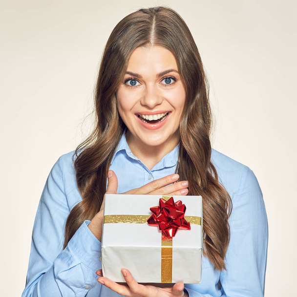 Happy woman isolated portrait with white gift box.  - Foto, imagen