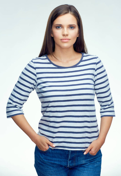 Young woman dressed in stripes shirt. - Fotografie, Obrázek