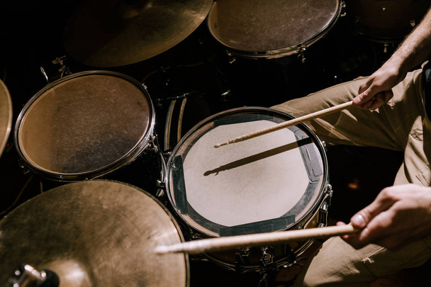 Drum set closeup. Drummer recording music - Foto, imagen