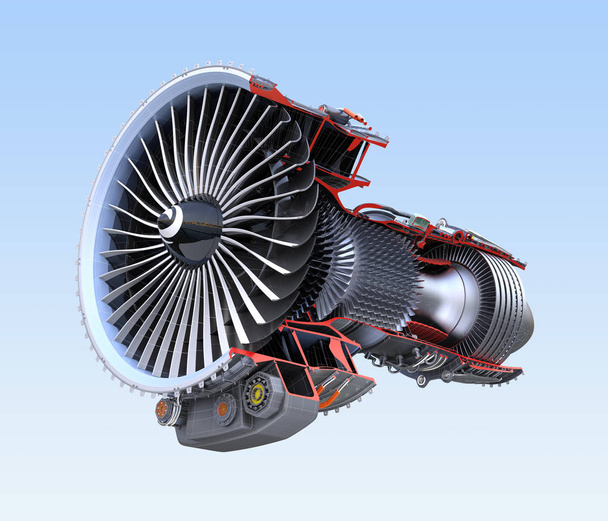 Turbofan jet engine's cross section wireframe isolated on blue background - Photo, Image