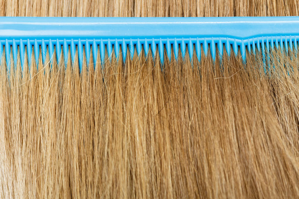 Close up of blue comb in blonde hair. - Foto, imagen
