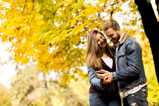 Uśmiechający się para przytulanie w jesienny park i zabawy - Zdjęcie, obraz