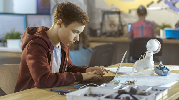 Smart Young Boy Works on a Laptop For His New Project in His Com - Zdjęcie, obraz
