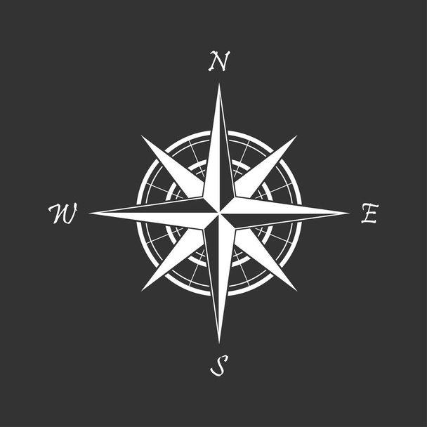 Icono de brújula blanca sobre fondo negro. Navegación marina. Firma para mapa de aventura
 - Vector, imagen