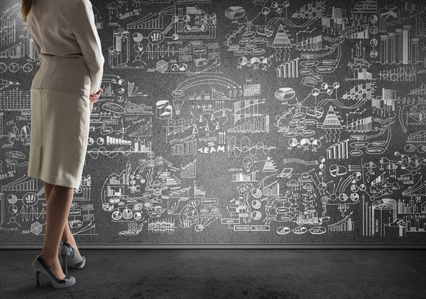 Geschäftsfrau und gezeichnete Planskizze an Wand, - Foto, Bild