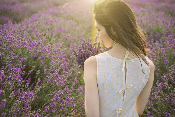 Back view portrait of young beautiful woman on lavender field. - Photo, Image