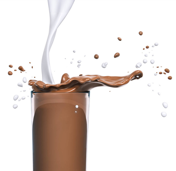 Σοκολατα splash στο γυαλί και το γάλα, 3d rendering - Φωτογραφία, εικόνα