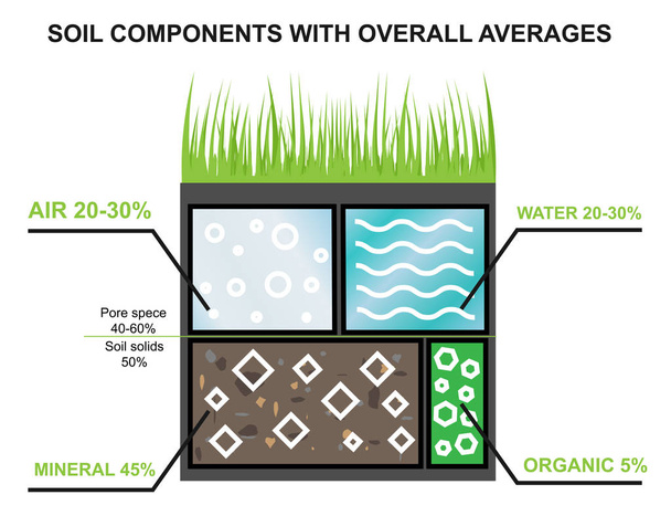 Bestandteile des Bodens. Infografiken der agroindustriellen Industrie. Prozentsatz an Wasser, Mineralien, Orangen und Luft im Boden - Vektor, Bild