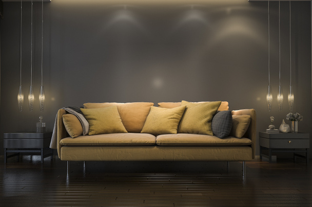 3d rendant rétro luxe jaune canapé doux dans le salon noir minimal avec lampe
 - Photo, image