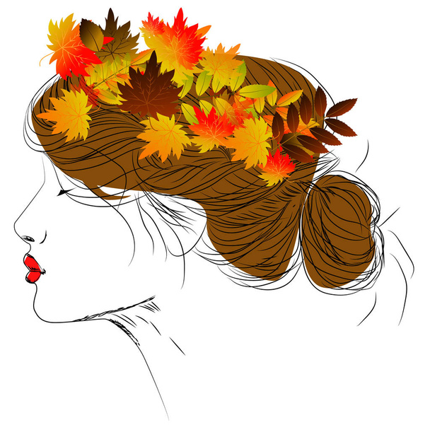 Vector girl with autumn leaves in long hair - Vektor, kép