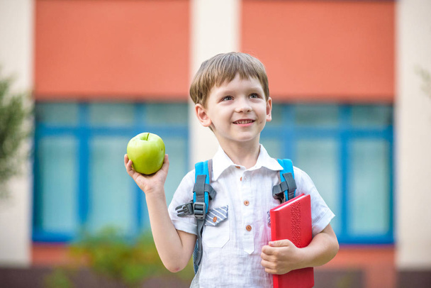 Child with book and green apple outdoors - Photo, Image