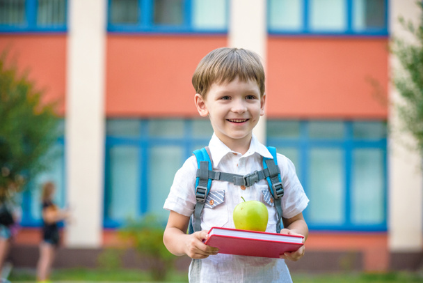 Niño con libro y manzana verde al aire libre
 - Foto, Imagen