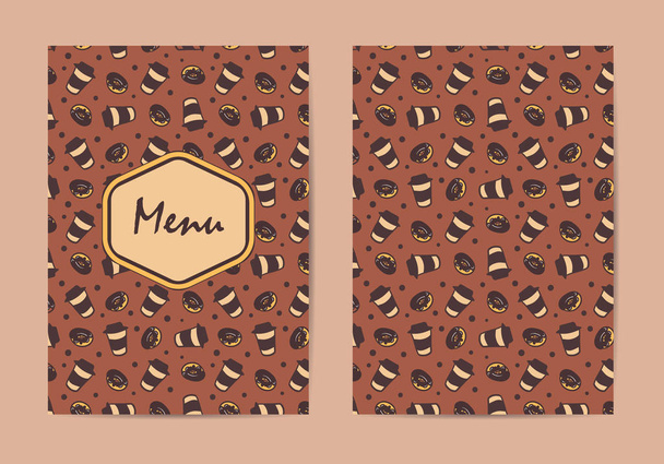 Menu template. Coffee restaurant brochure, coffee shop menu design. Vector cafe template with hand-drawn pattern. Coffee flyer. Double-sided menu cover. - Vector, Image