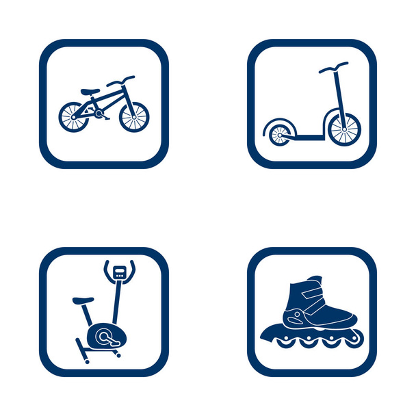 plochý design ikony sportovní set - kola, koloběžky, popis a vložené válce - Vektor, obrázek