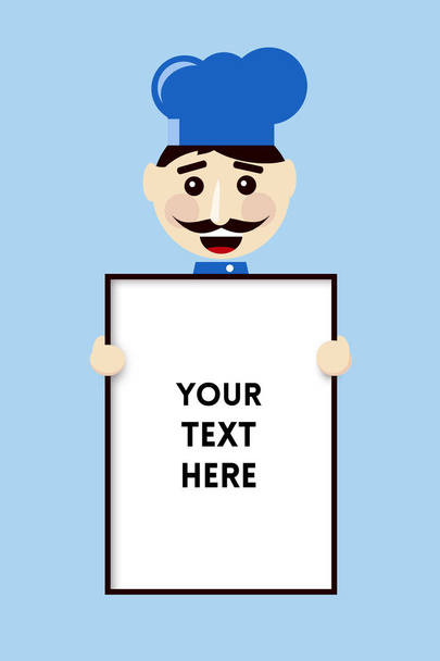 Улыбающийся шеф-повар в синей шляпе, держащий прямоугольное меню
 - Фото, изображение