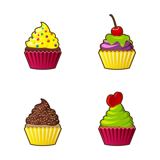 Vector cupcakes or muffins icon. Colorful dessert with cream, chocolate, cherries and strawberries. Multicolor cute cupcake sign for flyers, postcards, stickers, prints, posters, decorations. - Vector, Image
