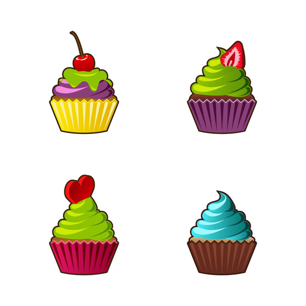 Vector cupcakes ou muffins ícone. Sobremesa colorida com creme, chocolate, cerejas e morangos. Multicolor bonito cupcake sinal para folhetos, cartões postais, adesivos, impressões, cartazes, decorações
. - Vetor, Imagem