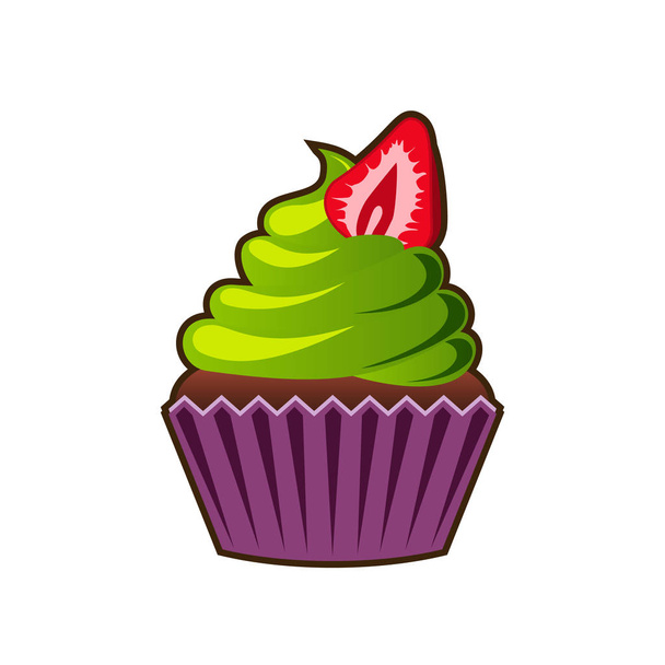 Vector cupcakes or muffins icon. Colorful dessert with cream, chocolate and strawberries. Multicolor cute cupcake sign for flyers, postcards, stickers, prints, posters, decorations. - Vector, Image
