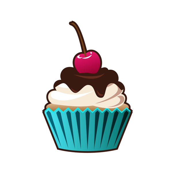 Vector cupcakes or muffins icon. Colorful dessert with cream, chocolate, cherries. Multicolor cute cupcake sign for flyers, postcards, stickers, prints, posters, decorations. - Vector, Image