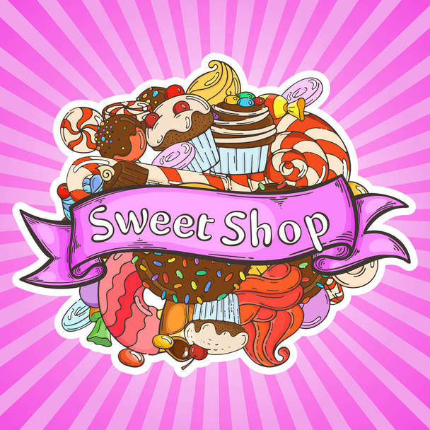 Label sweet shop. Swirl candy, chocolate, lollipop, caramel, cream. - Vektori, kuva