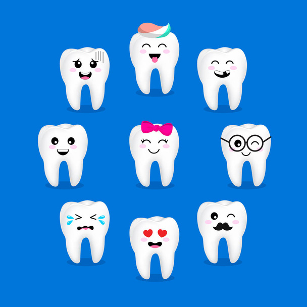 Conjunto de emoticons de dentes bonitos desenhos animados com diferentes expressões faciais
.  - Vetor, Imagem