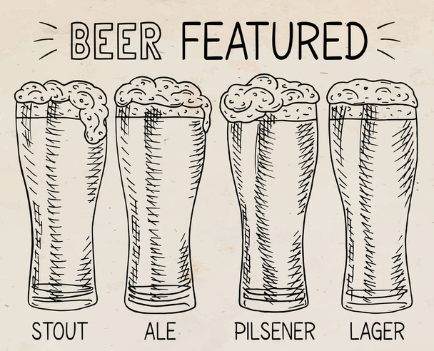 Beer featured. Beautiful illustration of stout, ale, light and lager beer - Vector, Image