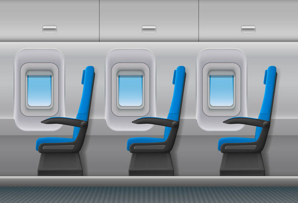 Interior del vector del avión de pasajeros. Cabina interior de aviones con ojos de buey y sillas asientos. Ilustración vectorial
. - Vector, Imagen