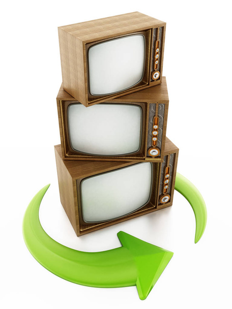 Green turning arrows around vintage televisions. 3D illustration - Photo, Image