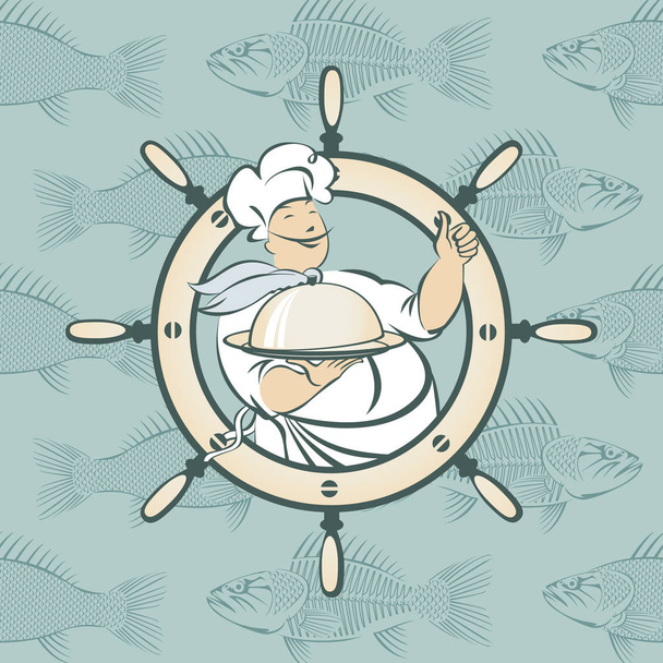 Banner con cocinero y el pescado en el mar
 - Vector, Imagen