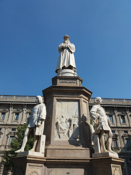 Monument to Leonardo da Vinci in Piazza della Scala (meaning La Scala square) designed by sculptor Pietro Magni in 1872 in Milan, Italy - Photo, Image