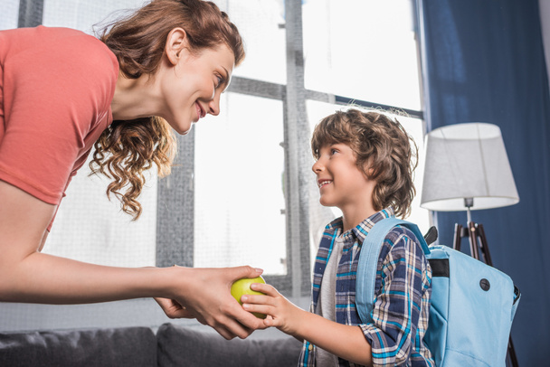 mother giving apple to son - 写真・画像