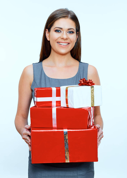 Happy toothy smiling business woman holding gift box. - Foto, Imagen