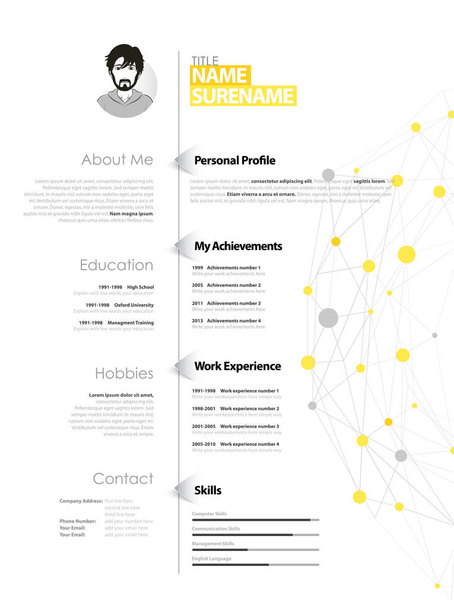 Δημιουργική απλό πρότυπο βιογραφικό με κίτρινες και γκρι κύκλους και τελεία - Διάνυσμα, εικόνα