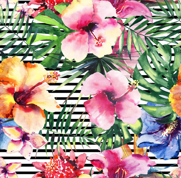 Bright lovely sophisticated wonderful tender colorful tropical hawaii floral herbal summer tropical flowers hibiscus orchids and green palms leaves on black lines background watercolor hand sketch - Photo, Image