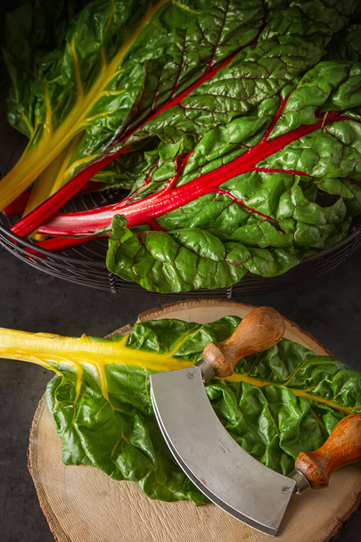 Rainbow chard, colorful eating and healthy diets. Dark backgroun - Foto, Imagem