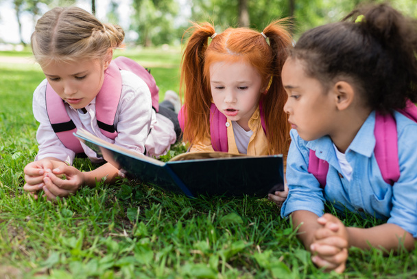multiethnic kids reading book on grass  - Valokuva, kuva