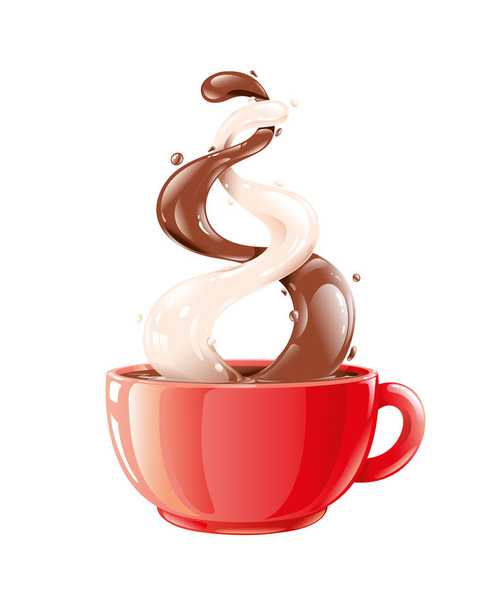 Βουτιά από ένα φλιτζάνι κόκκινο, δύο ρέματα επάνω, μια ροή του γάλακτος και μαύρο καφέ ή υγρό σοκολάτας, κακάο. Ανάμειξη πιτσιλιές ποτό και ρίχνει σε ένα φλιτζάνι. Τρισδιάστατη απεικόνιση. Απομονωμένη διάνυσμα - Διάνυσμα, εικόνα