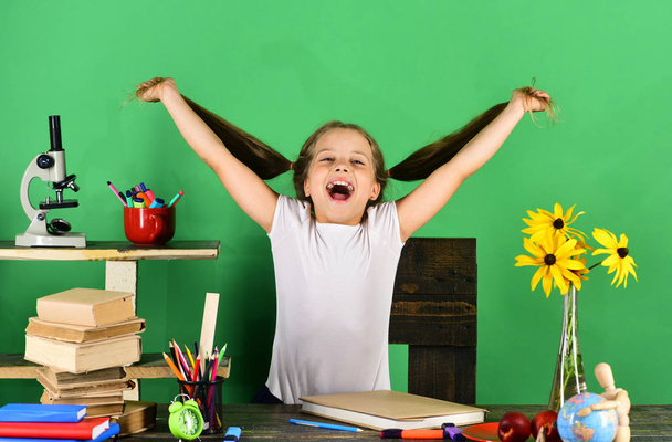 Study room, back to school concept. Girl with happy face - Fotoğraf, Görsel