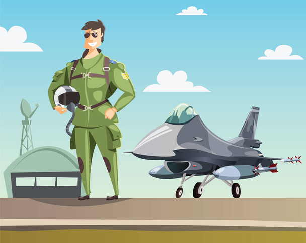 軍のパイロットと戦闘機の滑走路に - ベクター画像