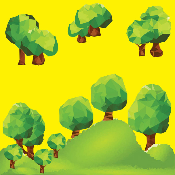 Абстрактный многоугольный зеленый пейзаж с деревьями на горе
 - Вектор,изображение
