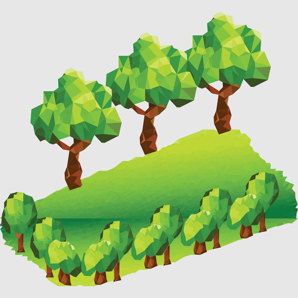 Αφηρημένη πολυγωνικό πράσινο τοπίο με τα δέντρα στο βουνό - Διάνυσμα, εικόνα