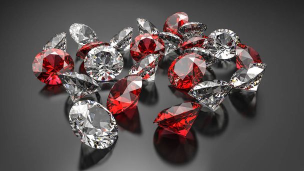 Diamanten und Rubine auf schwarzem Hintergrund.. 3d Illustration. - Foto, Bild