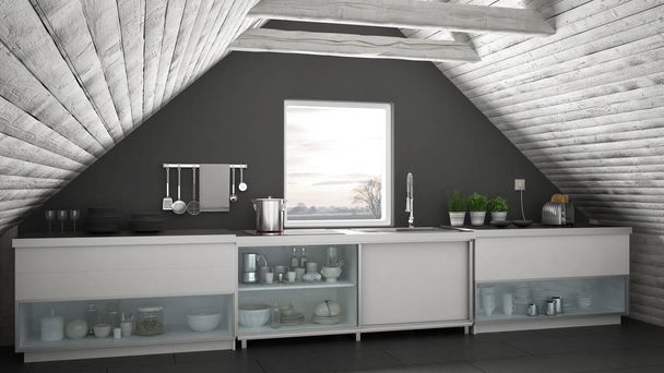 Σκανδιναβική βιομηχανική κουζίνα, πατάρι loft, στέγη ΑΡΧ - Φωτογραφία, εικόνα