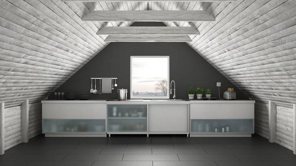 Scandinavia industrial kitchen, loft mezzanine, roof architectur - Photo, Image