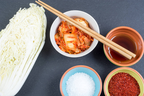 Kimchi. Fermented napa cabbage with ingredients - Photo, Image