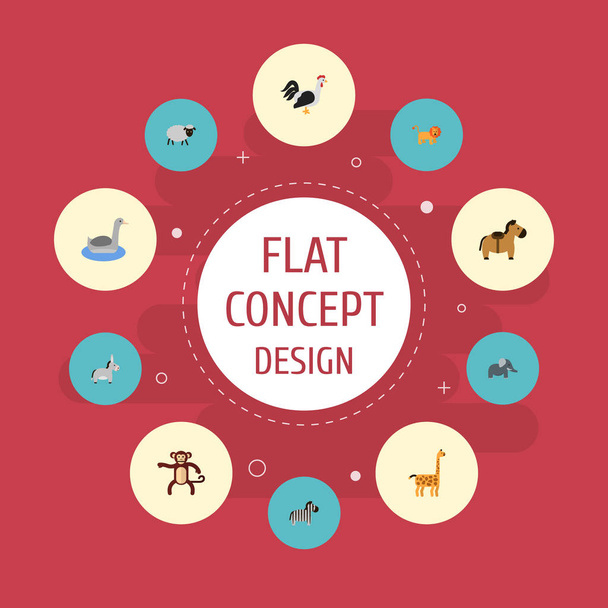 Flat Icons Rooster, Horse, Jackass And Other Vector Elements. Set Of Zoo Flat Icons Symbols Also Includes Waterbird, Goose, Cock Objects. - Vector, Image